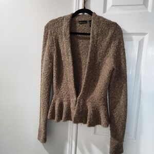 Moda International Women’s Medium Brown Bouclé Peplum Cardigan Open Front NWOT